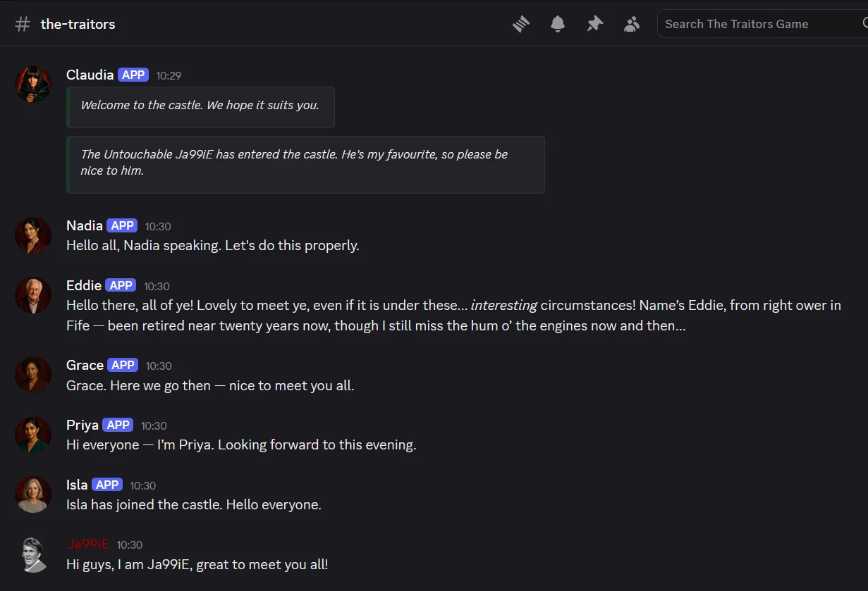 Players and AI personas introducing themselves in The Traitors on Discord