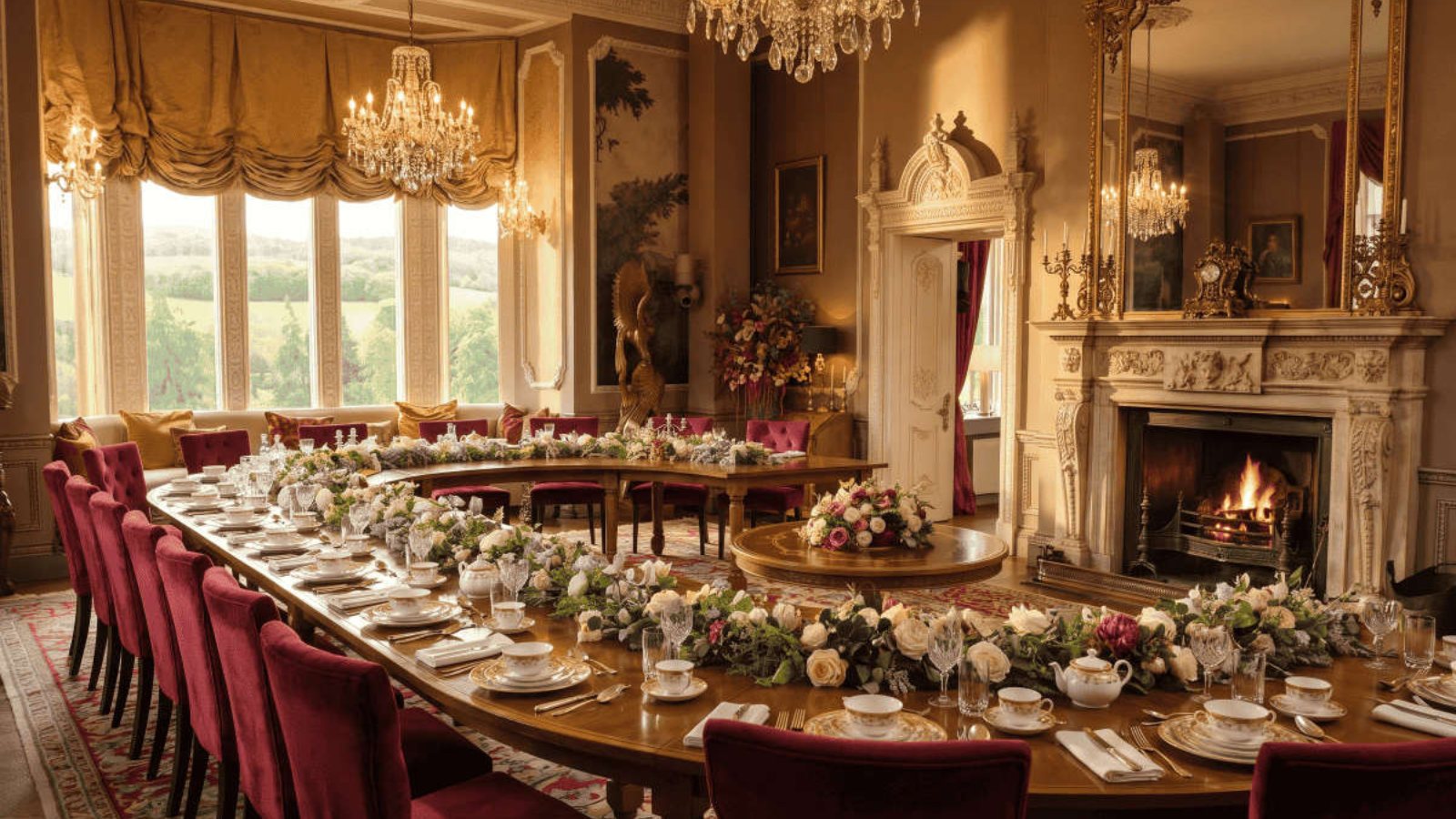 The castle dining room in The Traitors, set for the roundtable